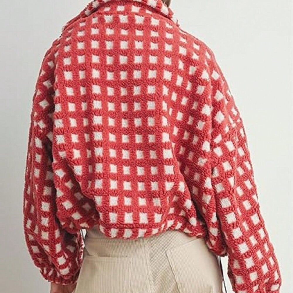 Red Casual Women's Checkered Fleece Cropped Sherpa Jacket - Picture 2 of 5